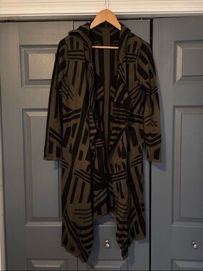 Women's Hooded Long Open Cardigan duster - Olive Green/Black